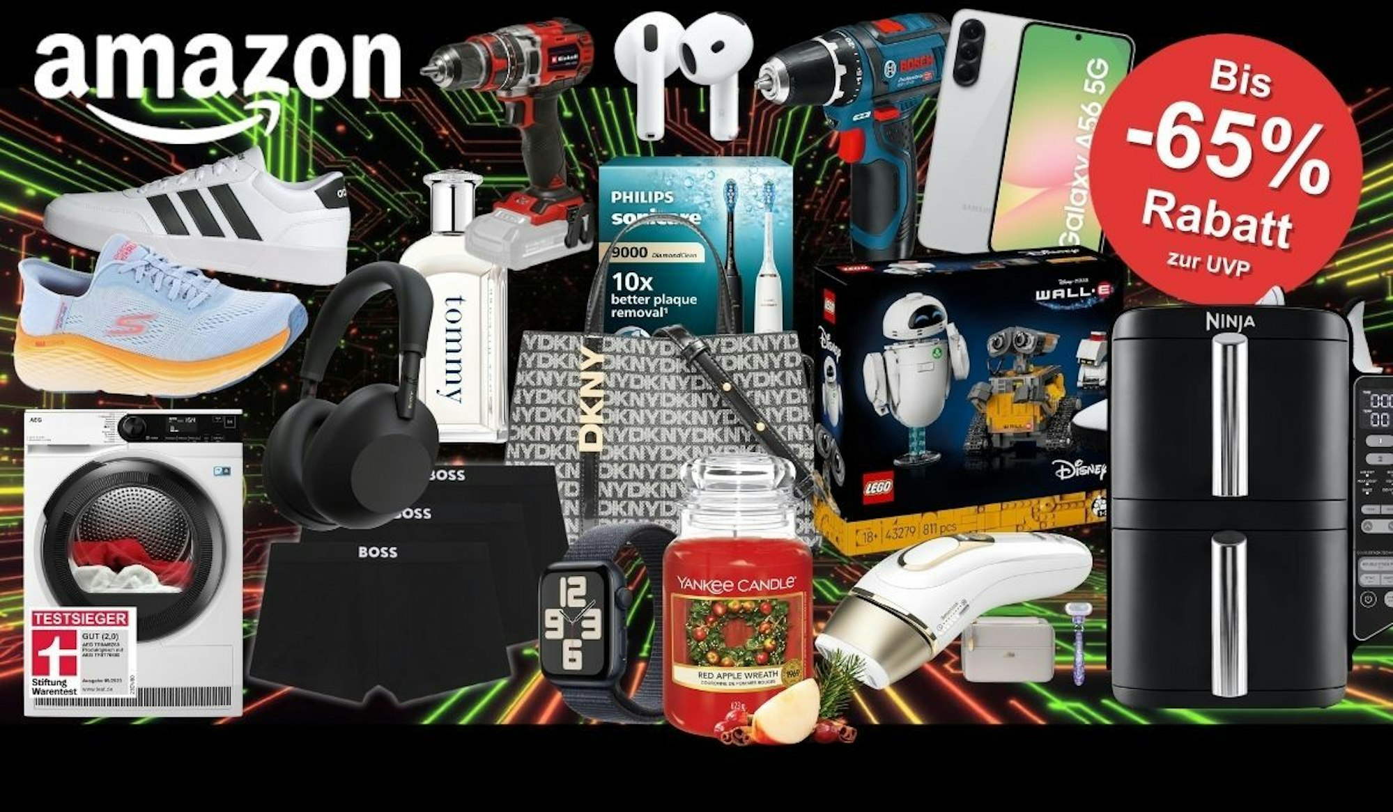 Produkte vor einem technischen, gelben und grünen Hintergrund mit Schaltkreisen. Braun IPL Silk Expert Pro 5 – IPL Geräte Haarentfernung, Einhell Akkuschrauber, Skechers Sneaker, Bosch Professional Akkubohrschrauber, Tommy Hilfiger Parfum, Apple AirPods 4 Kabellose Kopfhörer, Lego Disney WALL-E, Sony WH-1000XM6 Kopfhörer, AEG Waschmaschine, Boss Boxershorts, DKNY Handtasche, Philips Sonicare DiamondClean 9000 elektrische Zahnbürste, Adidas Sneaker, Samsung Galaxy A56 Smartphone, Ninja Airfryer, Yankee Candle..