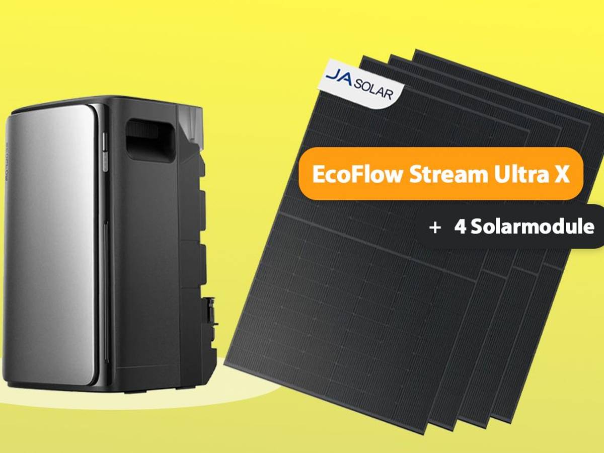 EcoFlow Stream Ultra X Speicher mit vier bifazialen 500-Wp-Solarmodulen als Balkonkraftwerk-Set.