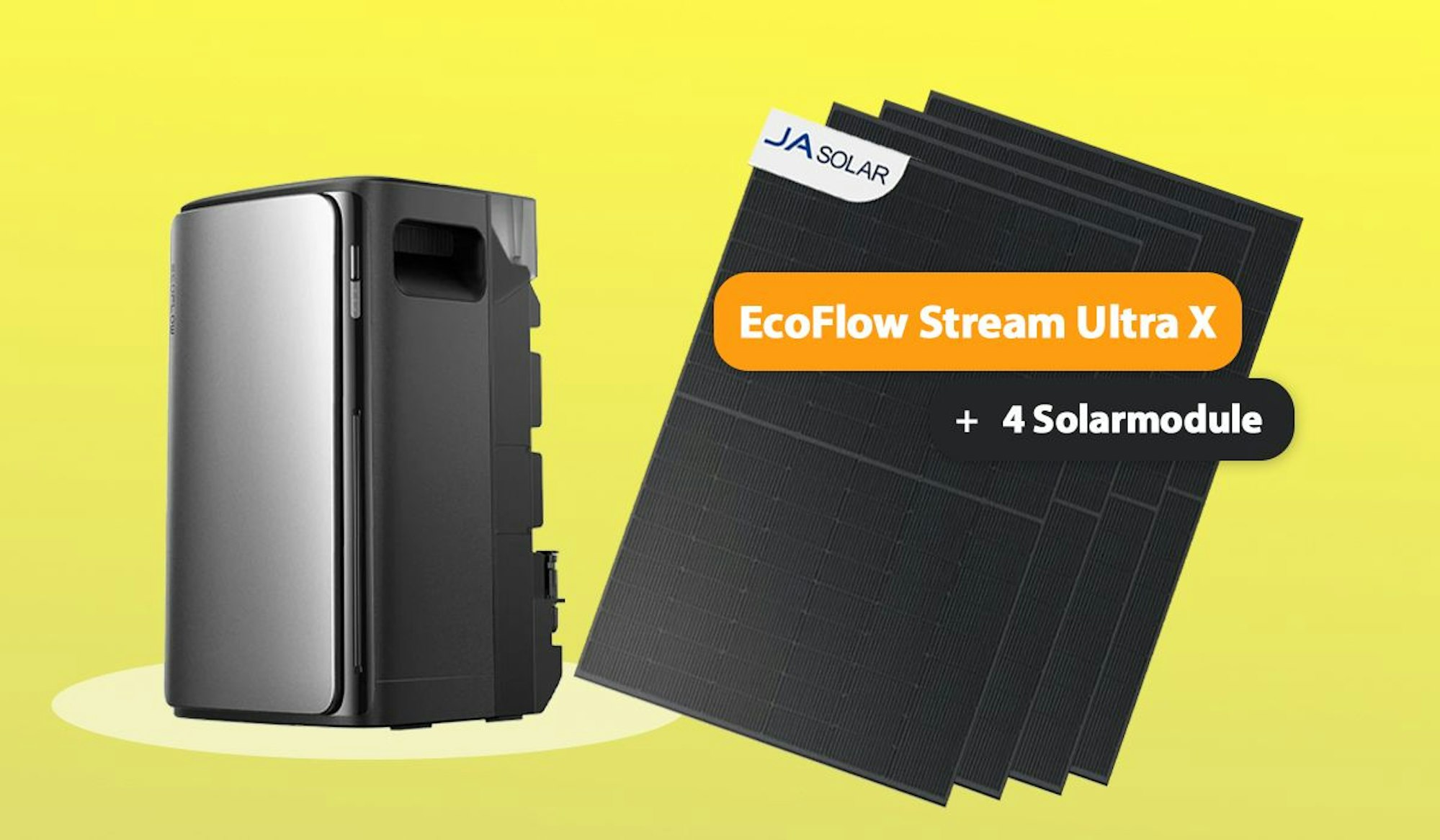 EcoFlow Stream Ultra X Speicher mit vier bifazialen 500-Wp-Solarmodulen als Balkonkraftwerk-Set.
