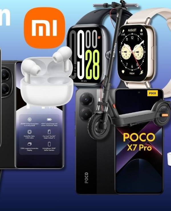 Xiaomi Smartphones, e-Roller, Saugroboter, Smartwatches mit Mi-Logo vor buntem Hintergrund
