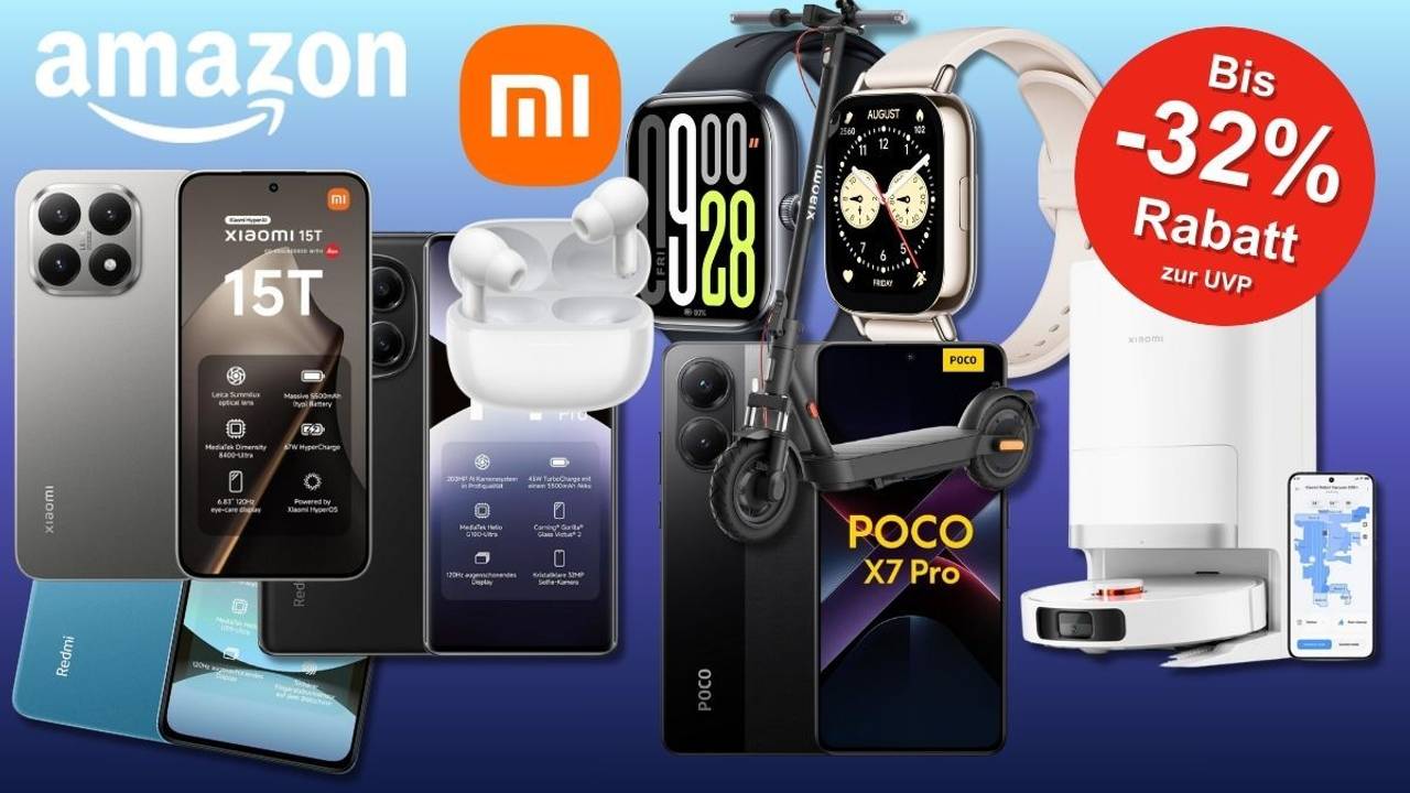 Xiaomi Smartphones, e-Roller, Saugroboter, Smartwatches mit Mi-Logo vor buntem Hintergrund