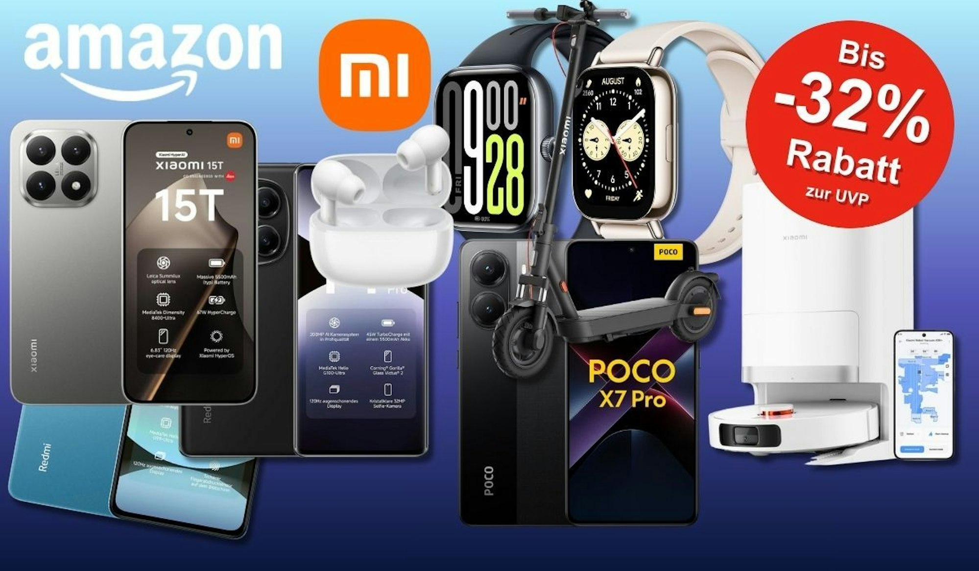 Xiaomi Smartphones, e-Roller, Saugroboter, Smartwatches mit Mi-Logo vor buntem Hintergrund