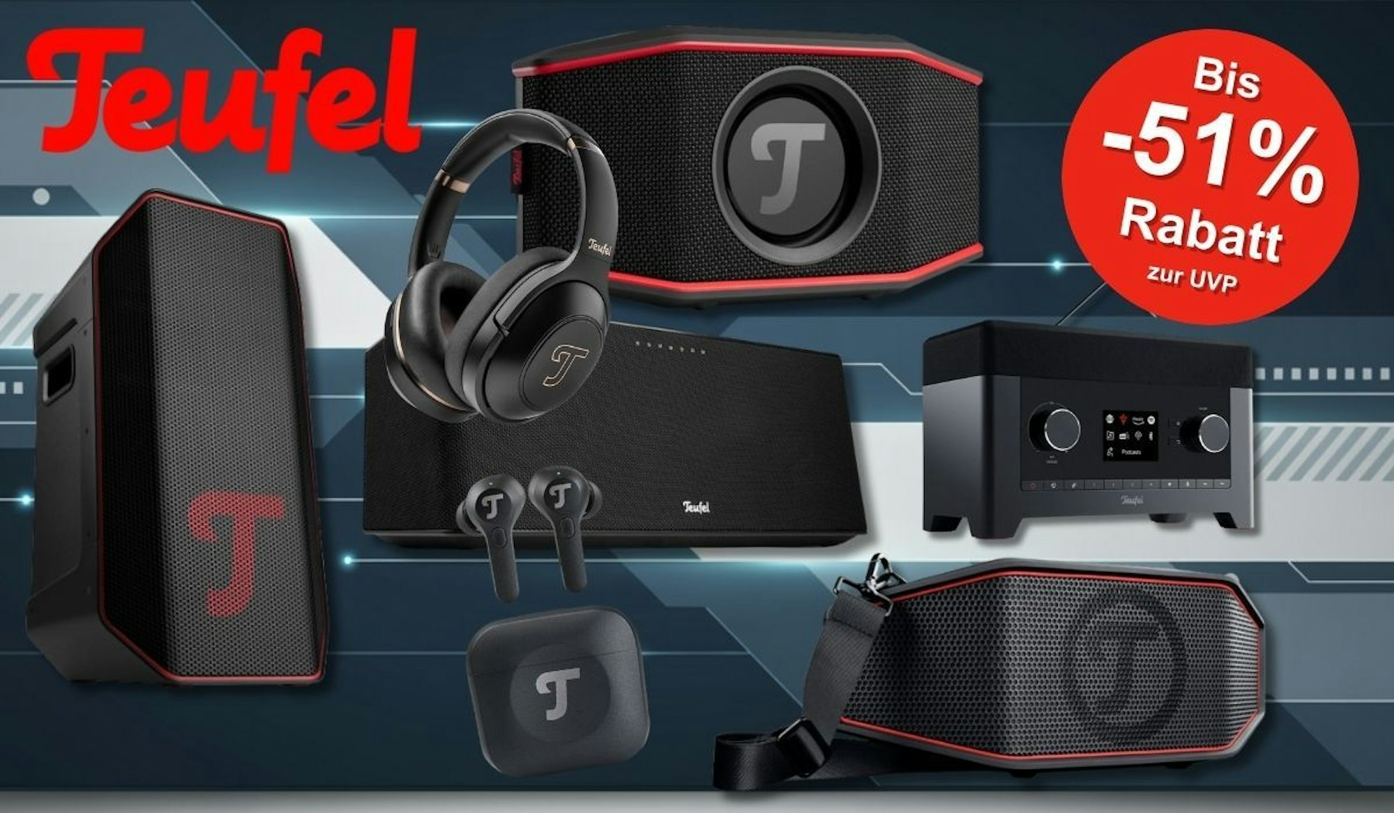 Teufel Lautsprecher, Boxen und Kopfhörer und weitere Audio Geräte vor einem Technik-Formen Hintergrund.