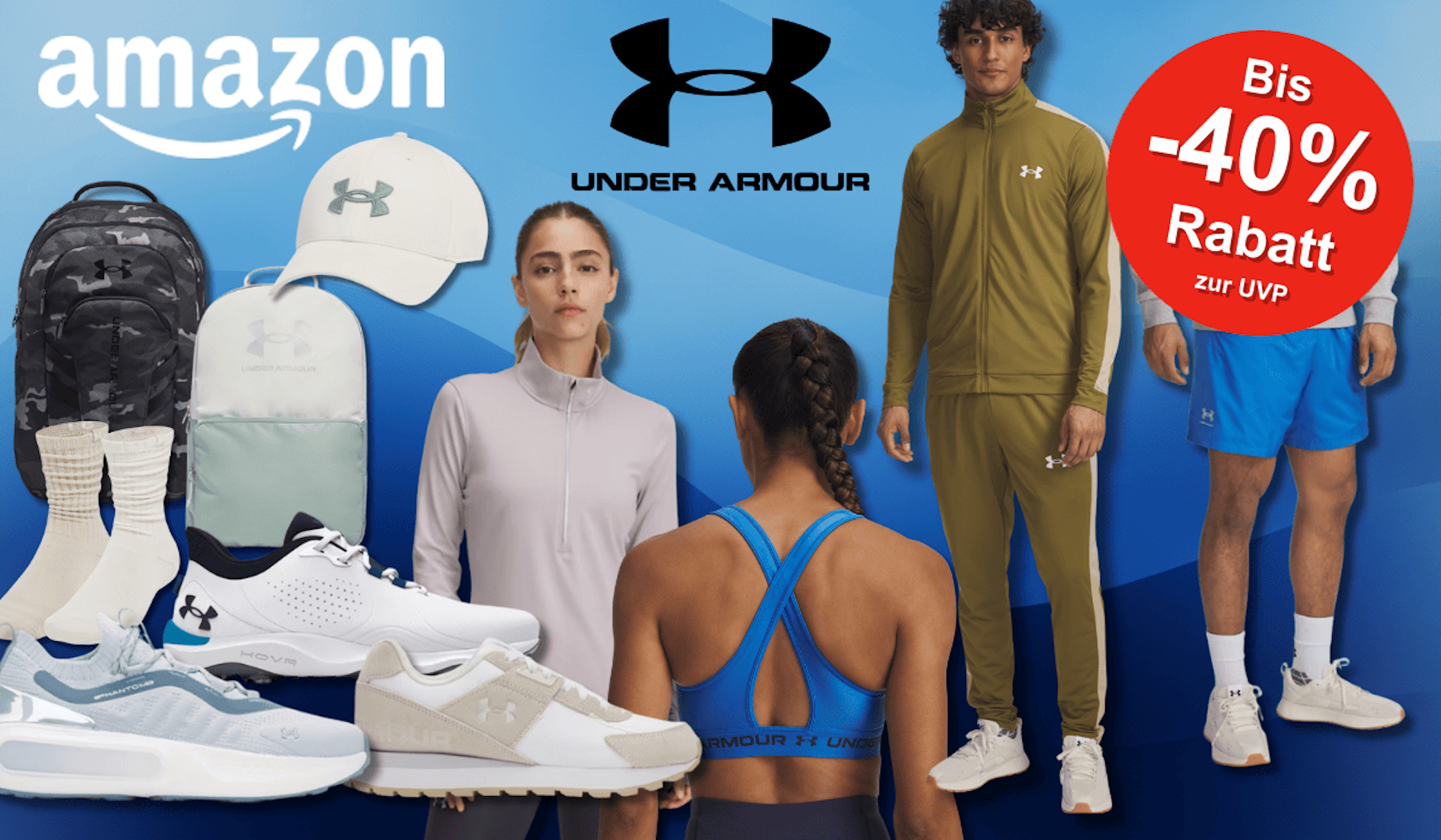 Produktbilder von Under Armour Caps, Rucksäcken, Oberteile, Sport BHs, Jogginghosen & Sneakern, die es aktuell reduziert im Under Armour Sale gibt.