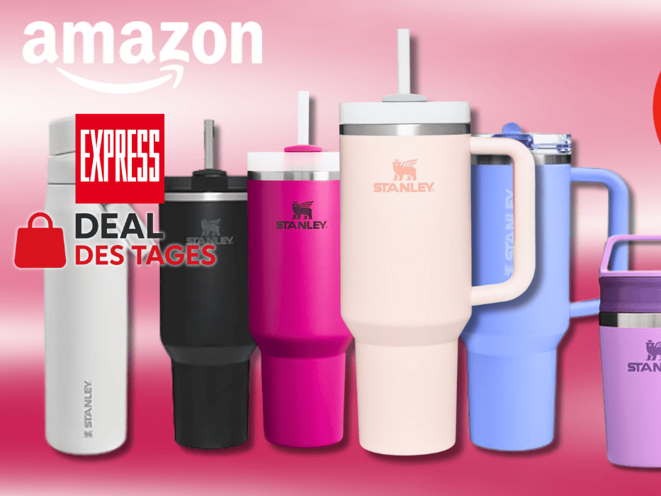 Verschiedene Stanley Cups & Quencher vor einem pinken Hintergrund platziert.