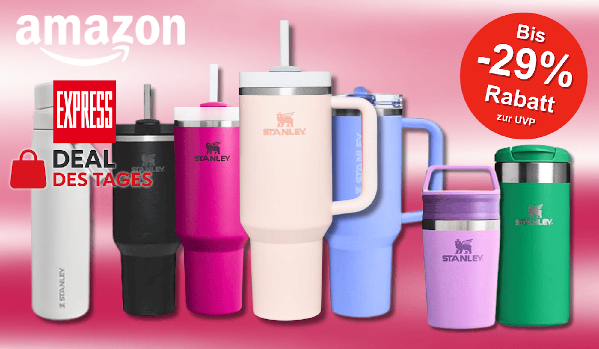 Verschiedene Stanley Cups & Quencher vor einem pinken Hintergrund platziert.