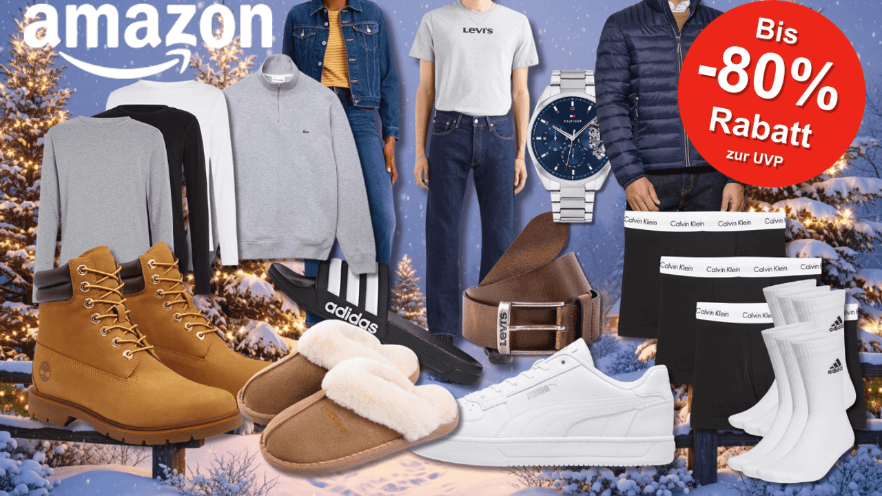 Mode von Timberland, adidas, Puma, Calvin Klein, Tommy Hilfiger, Levis u.v.m. vor einem winterlichen Hintergrund.