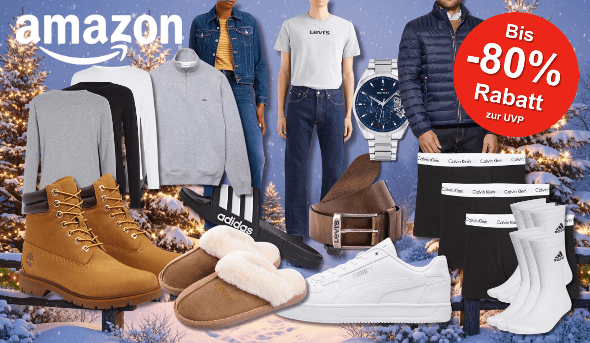 Mode von Timberland, adidas, Puma, Calvin Klein, Tommy Hilfiger, Levis u.v.m. vor einem winterlichen Hintergrund.
