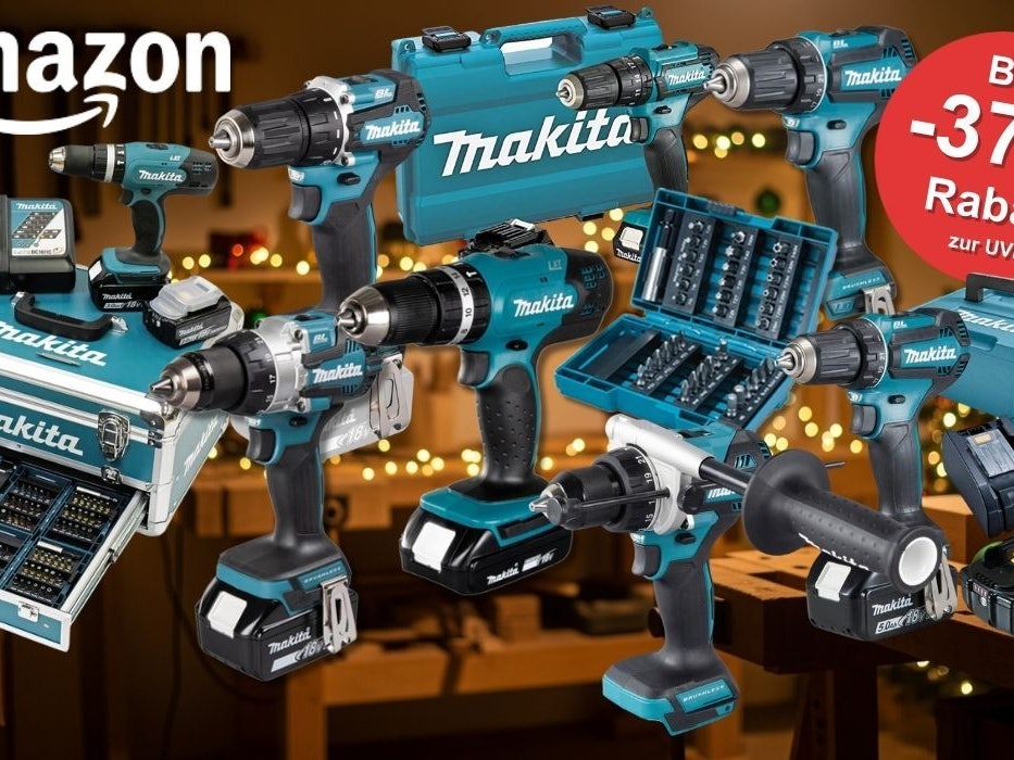 Makita Akku-Bohrschrauber und Akku-Schlagbohrschrauber in Sets und einzeln vor einem Hintergrund einer Werkstatt in weihnachtlichem Ambiente.