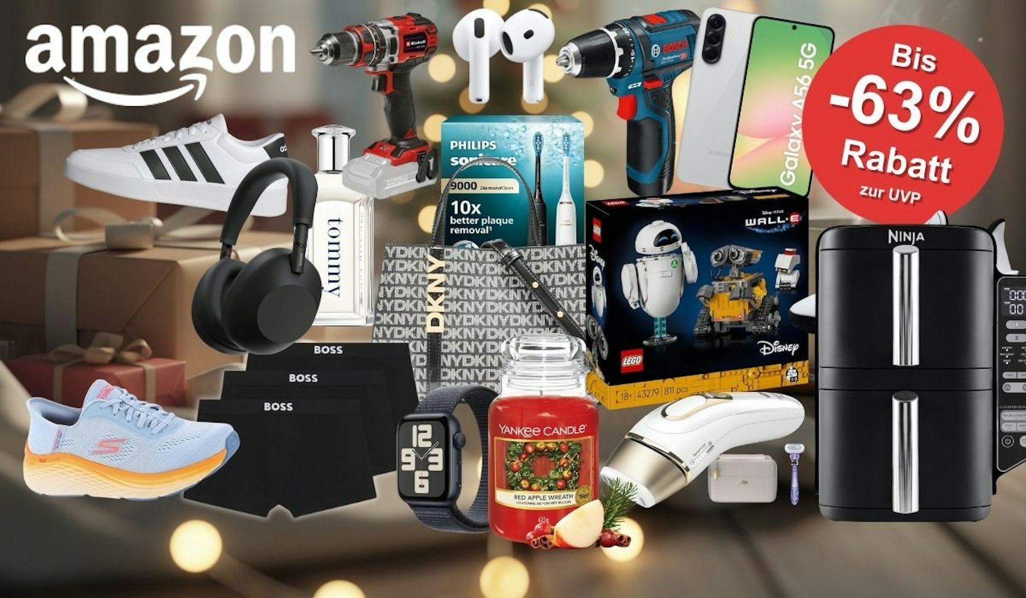 Produkte vor einem weihnachtlichen, festlichen, stimmungsvollen Hintergrund, darunter Einhell Akkuschrauber, Skechers Sneaker, Bosch Professional Akkubohrschrauber, Parfum, Apple AirPods 4, Lego Disney WALL-E, Sony WH-1000XM6 Kopfhörer, Boss Boxershorts, DKNY Handtasche, Adidas Sneaker, Samsung Galaxy A56 Smartphone, Ninja Airfryer, Yankee Candle..
