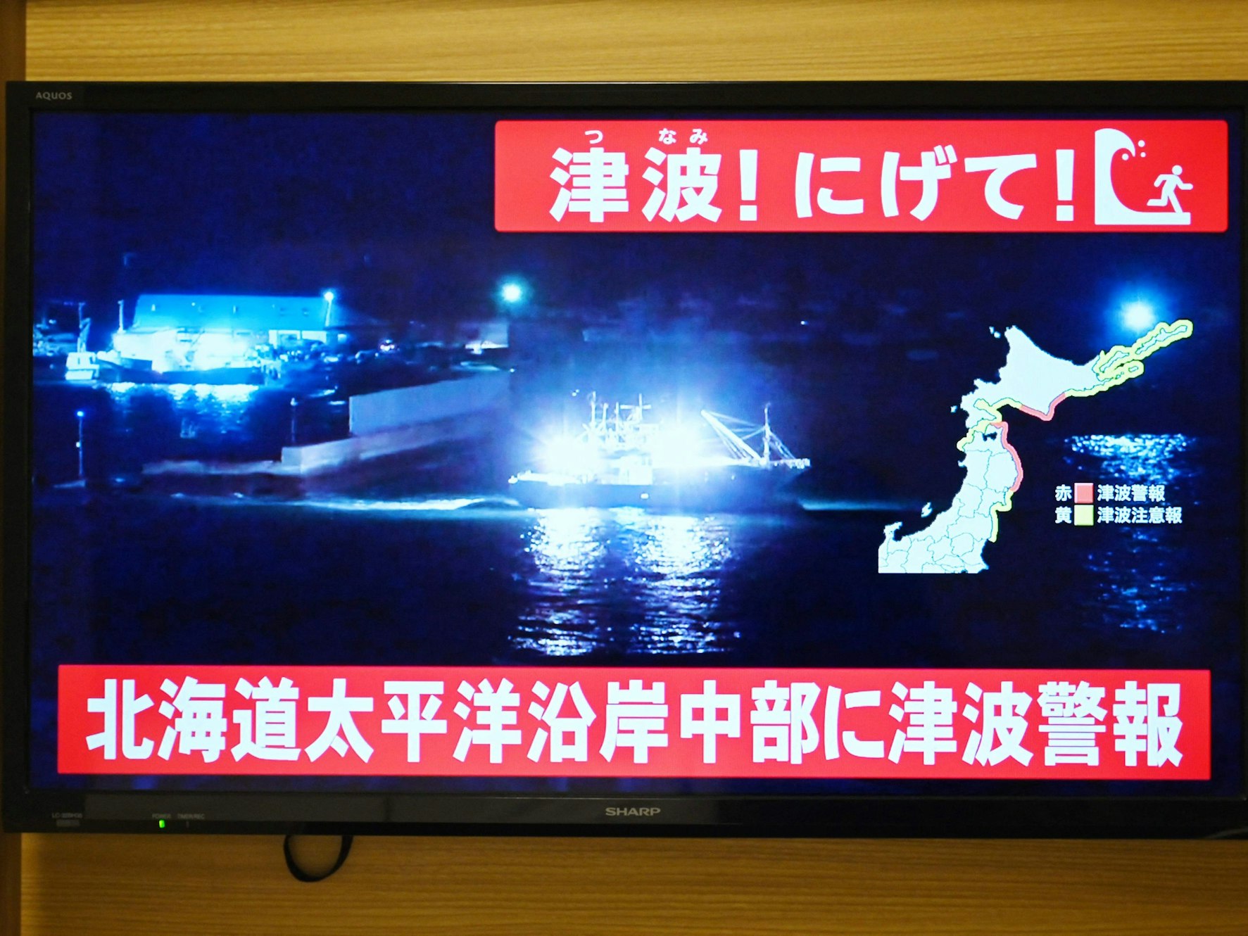 Japan hat eine Tsunami-Warnung ausgegeben. Auf einem Fernseher in Sapporo in der nördlichen Präfektur Hokkaido in Japan sind Live-Bilder eines Bootes zu sehen, das einen Küstenhafen verlässt.