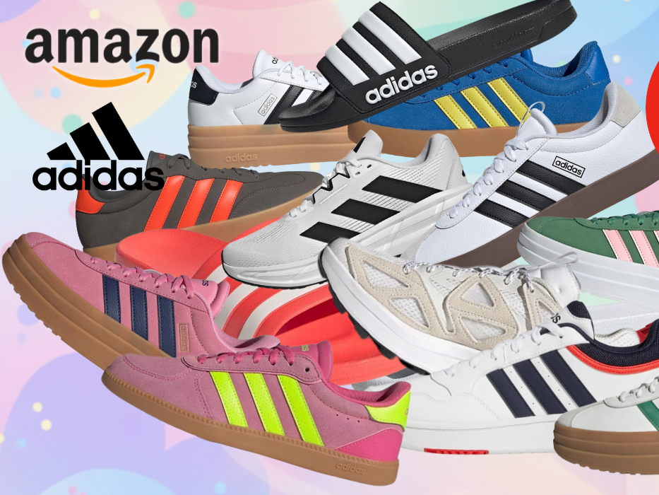 Auf dem Bild sind unterschiedliche Sneaker Modelle der Marke Adidas auf einem schwarz, goldenen Hintergrund abgebildet.