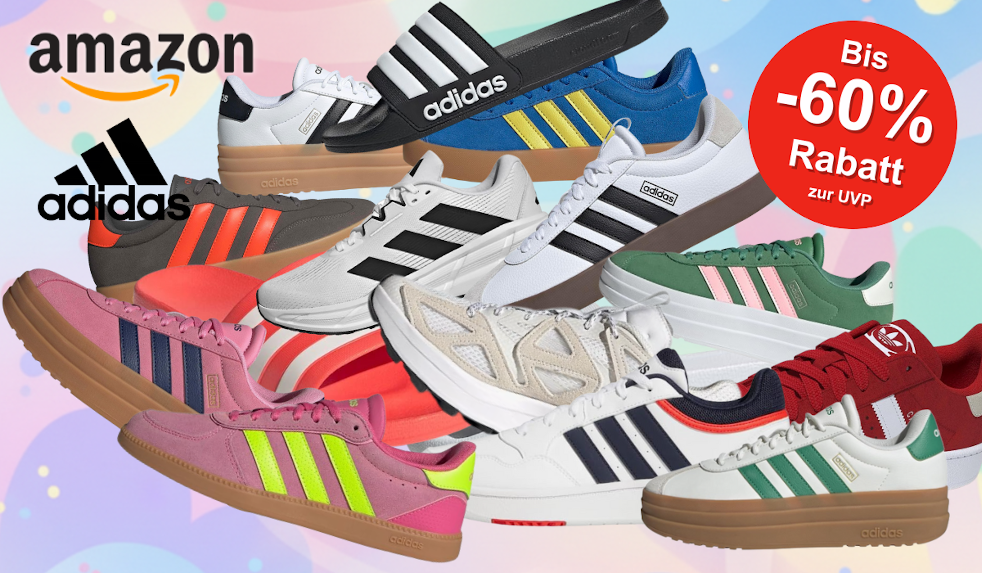 Auf dem Bild sind unterschiedliche Sneaker Modelle der Marke Adidas auf einem schwarz, goldenen Hintergrund abgebildet.