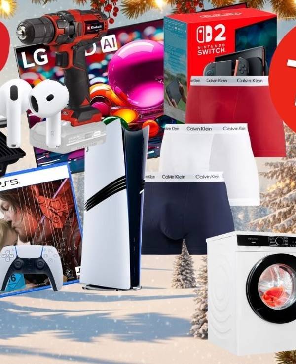 Im OTTO Sale Produkte vor einem weihnachtlichen Nadelwald mit Tannenbäumen und Lichterketten: De'Longhi Kaffeevollautomat, Skechers Uno Sneaker, Switch 2, PS5 Pro, Vans Sneaker, Lego Star Wars AT-ST, Siemens Waschmaschine, LG LED TV, Einhell Akku-Bohrschrauber, Apple Airpods, Calvin Klein Boxershorts.