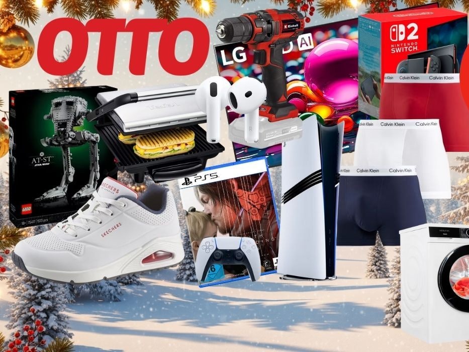 Im OTTO Sale Produkte vor einem weihnachtlichen Nadelwald mit Tannenbäumen und Lichterketten: De'Longhi Kaffeevollautomat, Skechers Uno Sneaker, Switch 2, PS5 Pro, Vans Sneaker, Lego Star Wars AT-ST, Siemens Waschmaschine, LG LED TV, Einhell Akku-Bohrschrauber, Apple Airpods, Calvin Klein Boxershorts.