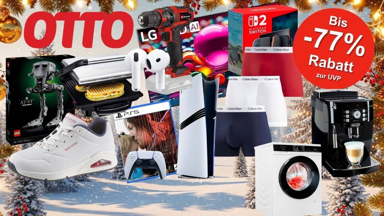 Im OTTO Sale Produkte vor einem weihnachtlichen Nadelwald mit Tannenbäumen und Lichterketten: De'Longhi Kaffeevollautomat, Skechers Uno Sneaker, Switch 2, PS5 Pro, Vans Sneaker, Lego Star Wars AT-ST, Siemens Waschmaschine, LG LED TV, Einhell Akku-Bohrschrauber, Apple Airpods, Calvin Klein Boxershorts.
