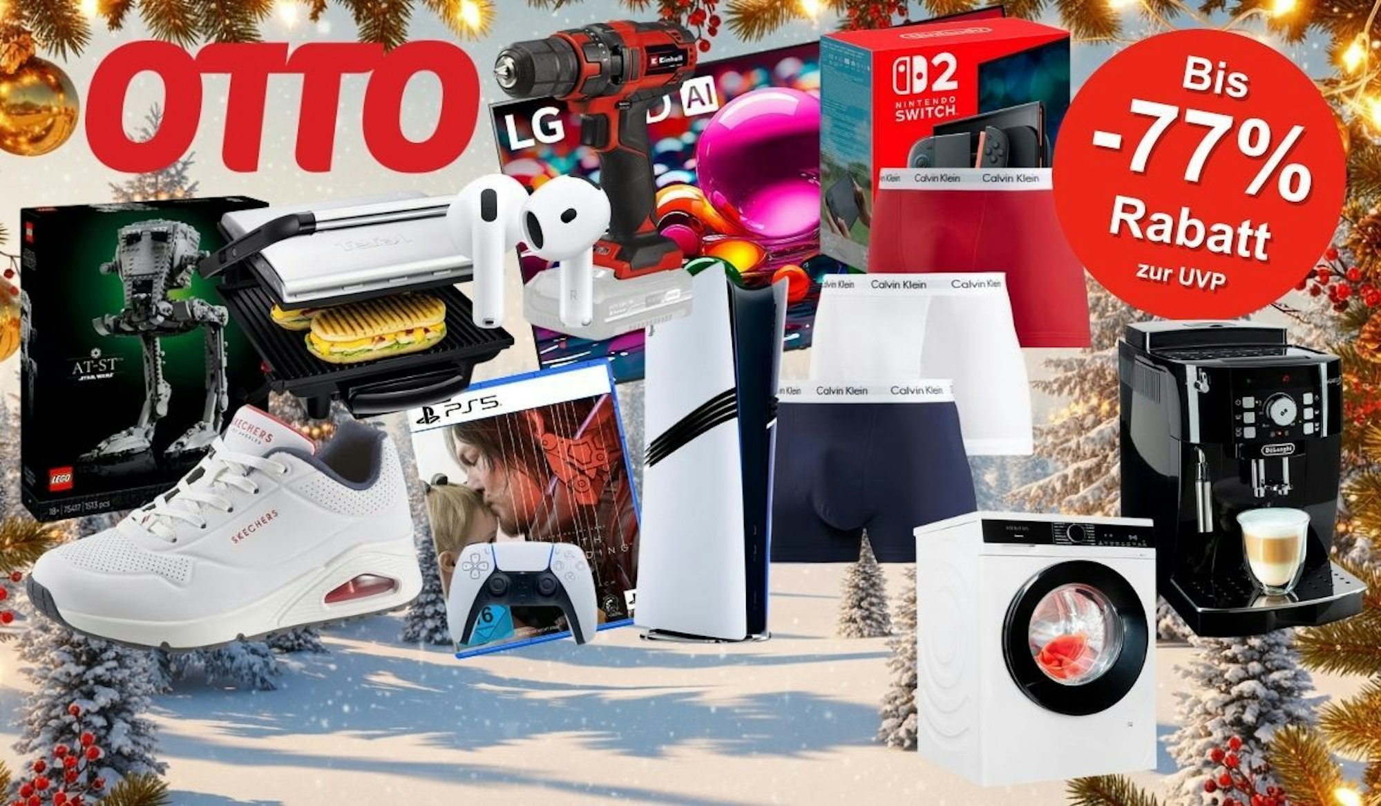 Im OTTO Sale Produkte vor einem weihnachtlichen Nadelwald mit Tannenbäumen und Lichterketten: De'Longhi Kaffeevollautomat, Skechers Uno Sneaker, Switch 2, PS5 Pro, Vans Sneaker, Lego Star Wars AT-ST, Siemens Waschmaschine, LG LED TV, Einhell Akku-Bohrschrauber, Apple Airpods, Calvin Klein Boxershorts.