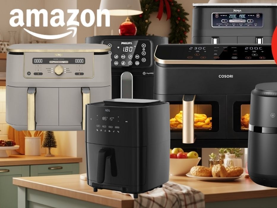 Airfryer von Cosori, Ninja, AEG, Russell Hobbs, Philips vor einer hellen, weihnachtlich geschmückten Küche.