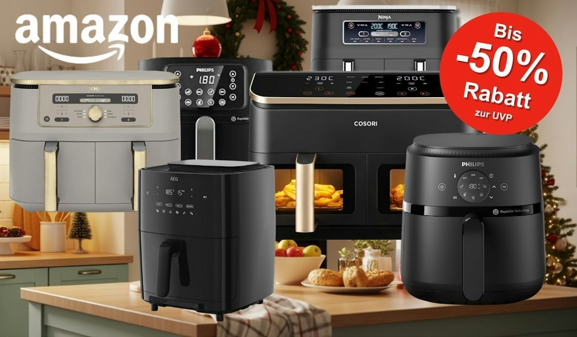 Airfryer von Cosori, Ninja, AEG, Russell Hobbs, Philips vor einer hellen, weihnachtlich geschmückten Küche.