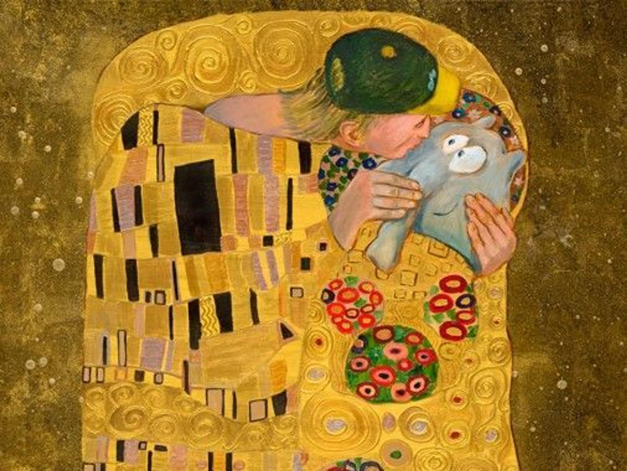 Ein Bild von Gustav Klimt mit einem Selbstporträt von Otto Waalkes und einem Ottifanten