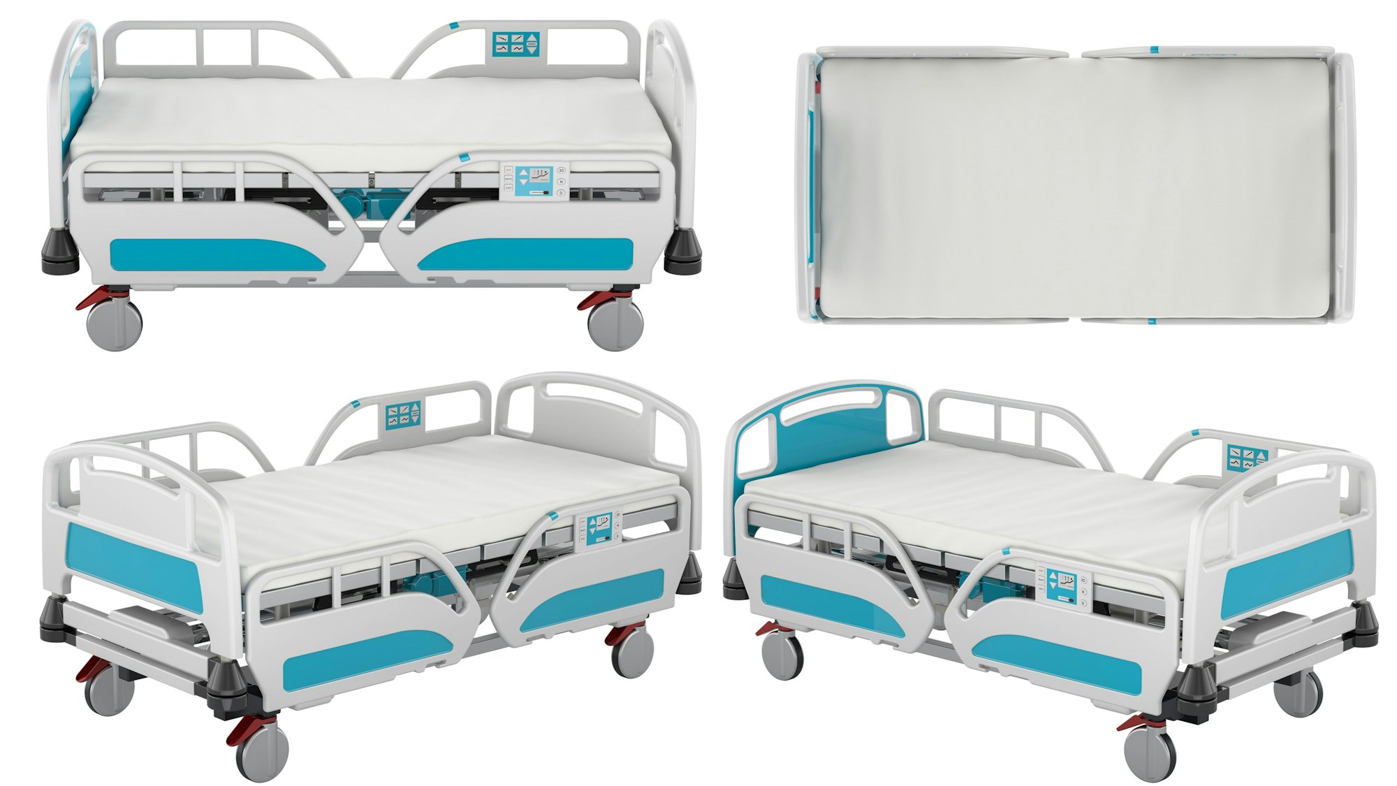 Elektrisches Krankenhausbett in verschiedenen Ansichten