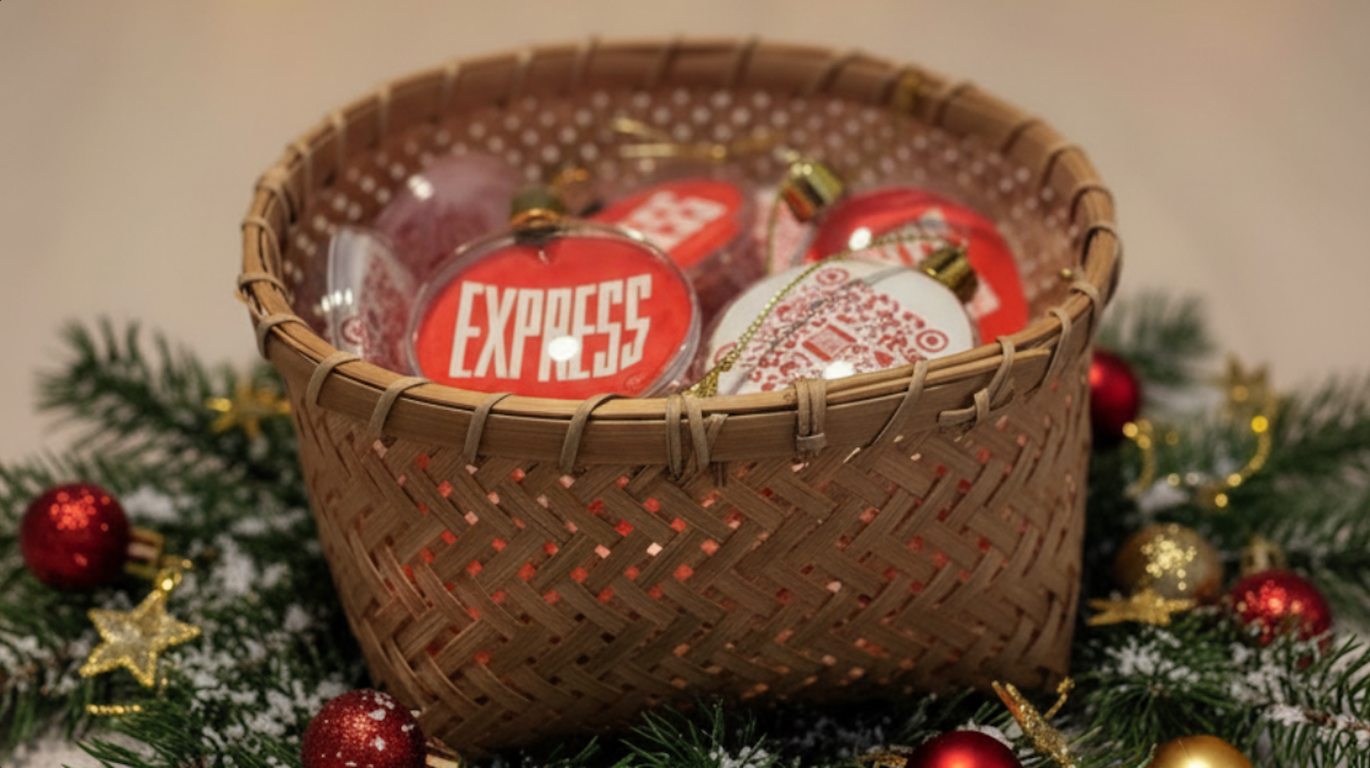 EXPRESS Weihnachtskugeln in einem festlichen Korb mit Tannenzweigen.