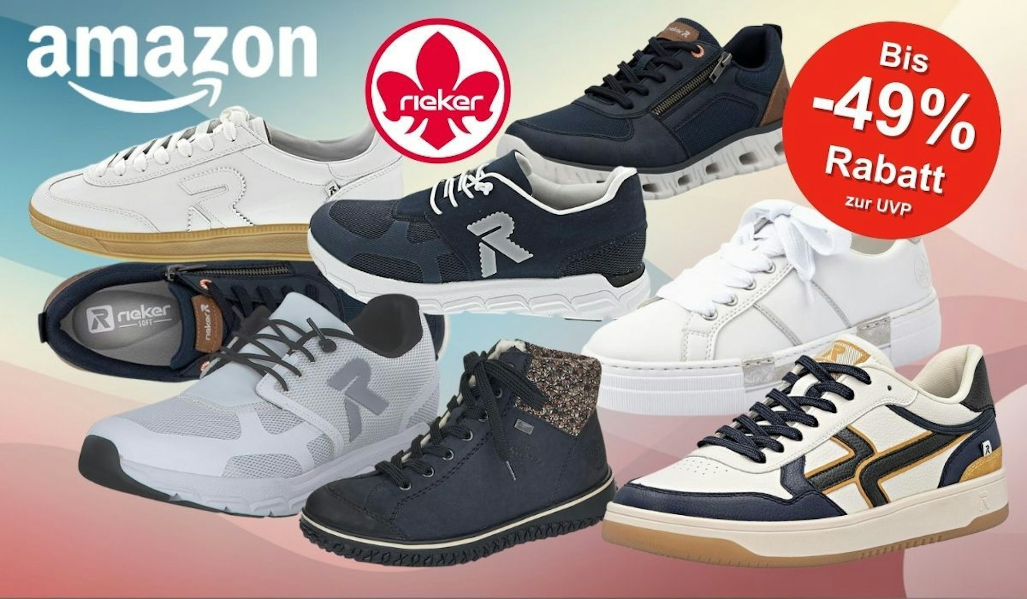 Rieker Sneaker in vielen verschiedenen Modellen und Farben für Damen und Herren vor einem bunt eingefärbten Hintergrund.
