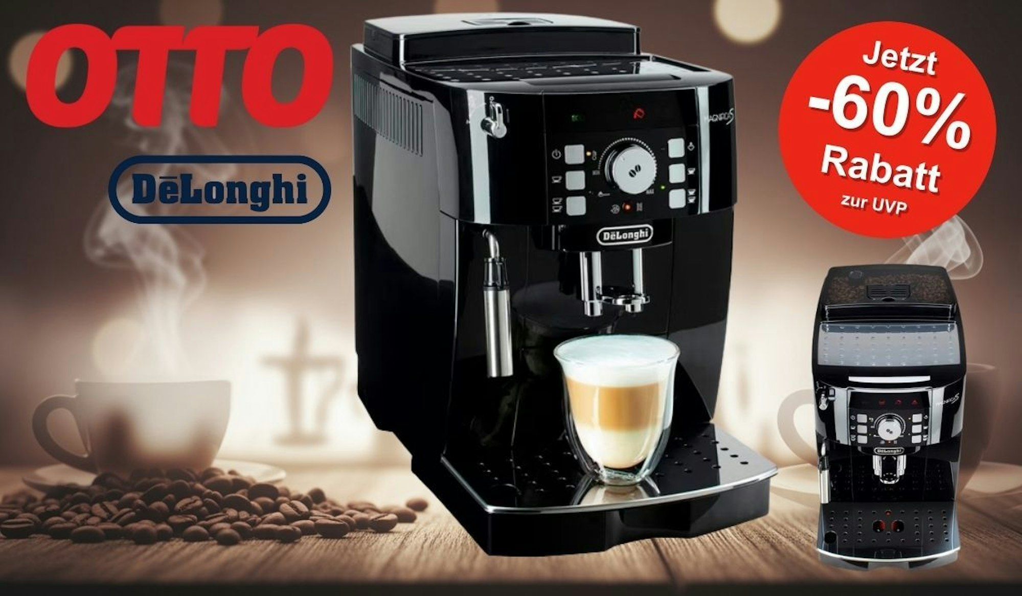 De’Longhi Kaffeevollautomat Magnifica S ECAM21.118.B vor einem Hintergrund mit Kaffeebohnen und -Tassen.