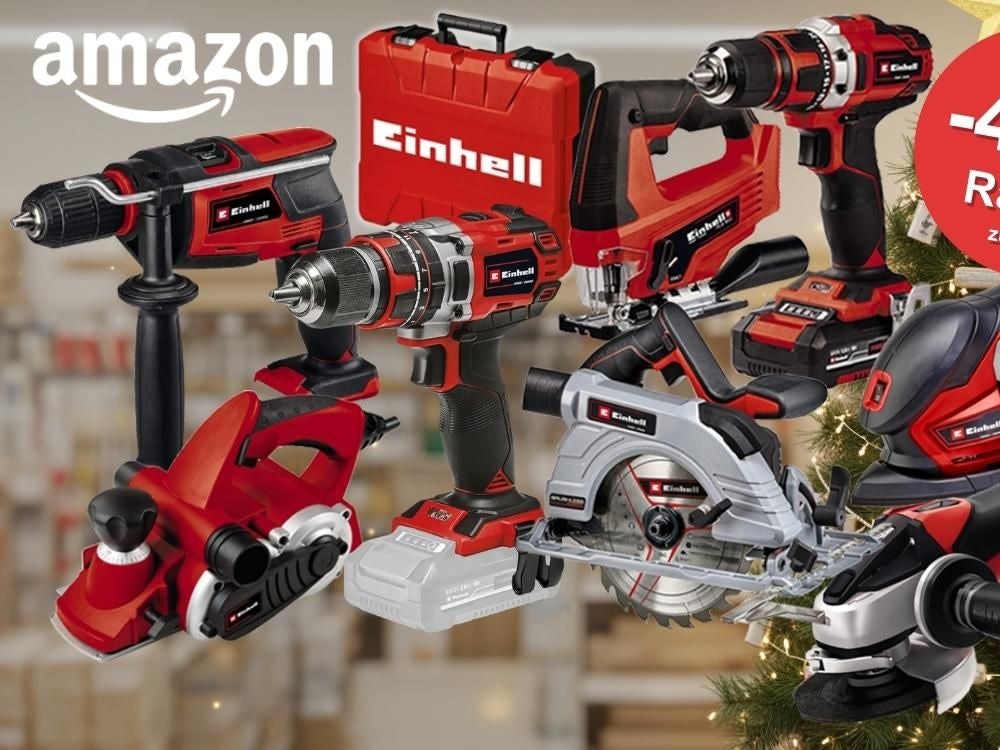 Einhell Werkzeug vor einem weihnachtlichen Baumarkt Hintergrund. Verschiedene Modelle und Geräte wie Einhell Akku-Bohrschrauber, Elektrohobel, Winkelschleifer, Kreissäge, Multitool Stichsäge, Werkzeugkoffer und mehr.