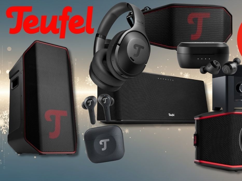Teufel Lautsprecher, Boxen und Kopfhörer und weitere Audio Geräte vor einem weihnachtlich elektronischem Hintergrund