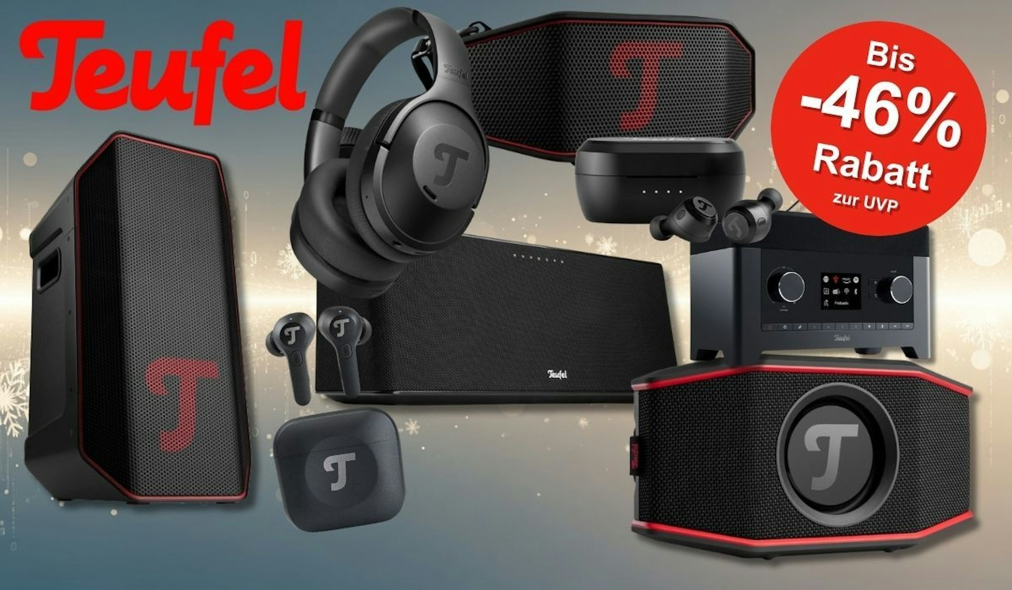 Teufel Lautsprecher, Boxen und Kopfhörer und weitere Audio Geräte vor einem weihnachtlich elektronischem Hintergrund