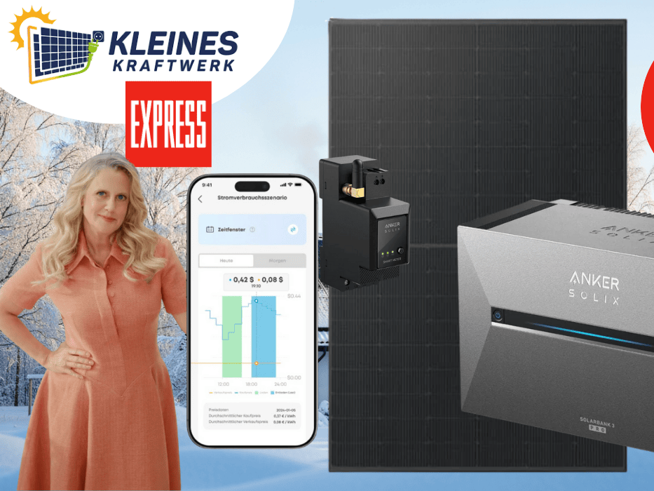 Balkonkraftwerk von Kleines Kraftwerk mit Anker Solix 3 Solarbank und Barbara Schöneberger vor einem verschneiten Winterwald.