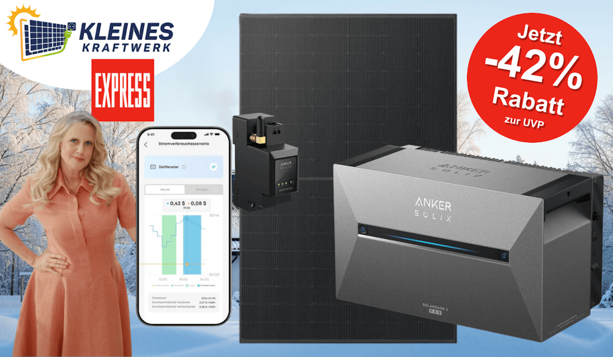 Darstellung eines Balkonkraftwerks von Kleines Kraftwerk mit Anker Solarbank und Barbara Schöneberger.