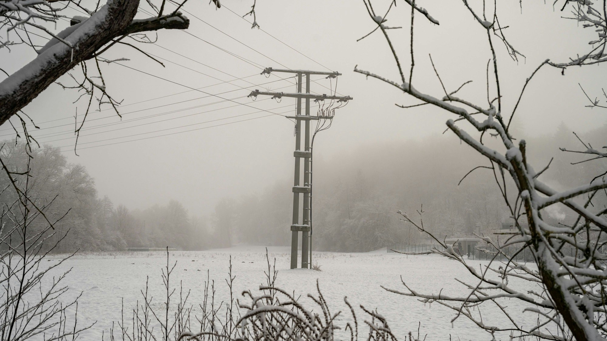Verschneite Winterlandschaft mit Strommast im Nebel