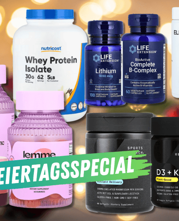 Verschiedene Supplements, Beauty und Nahrungsergänzungsprodukte, die aktuell im iHerb Sale erhältlich sind vor einem festlichen Hintergrund.