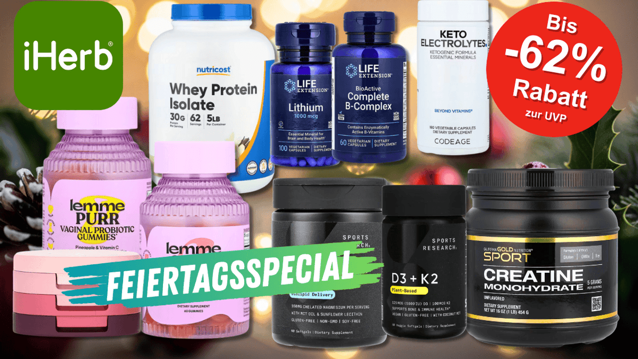 Verschiedene Supplements, Beauty und Nahrungsergänzungsprodukte, die aktuell im iHerb Sale erhältlich sind vor einem festlichen Hintergrund.