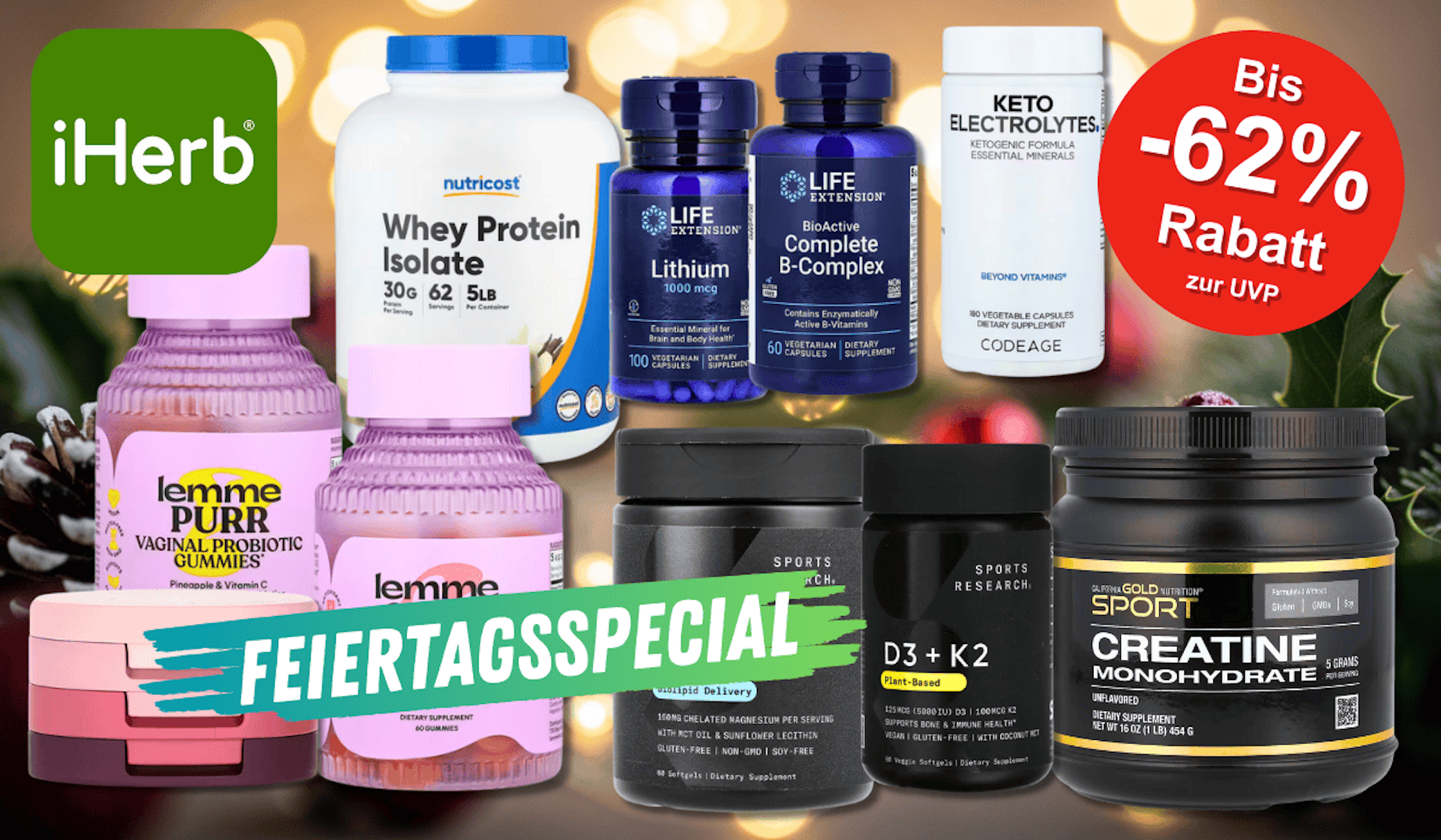 Verschiedene Supplements, Beauty und Nahrungsergänzungsprodukte, die aktuell im iHerb Sale erhältlich sind vor einem festlichen Hintergrund.