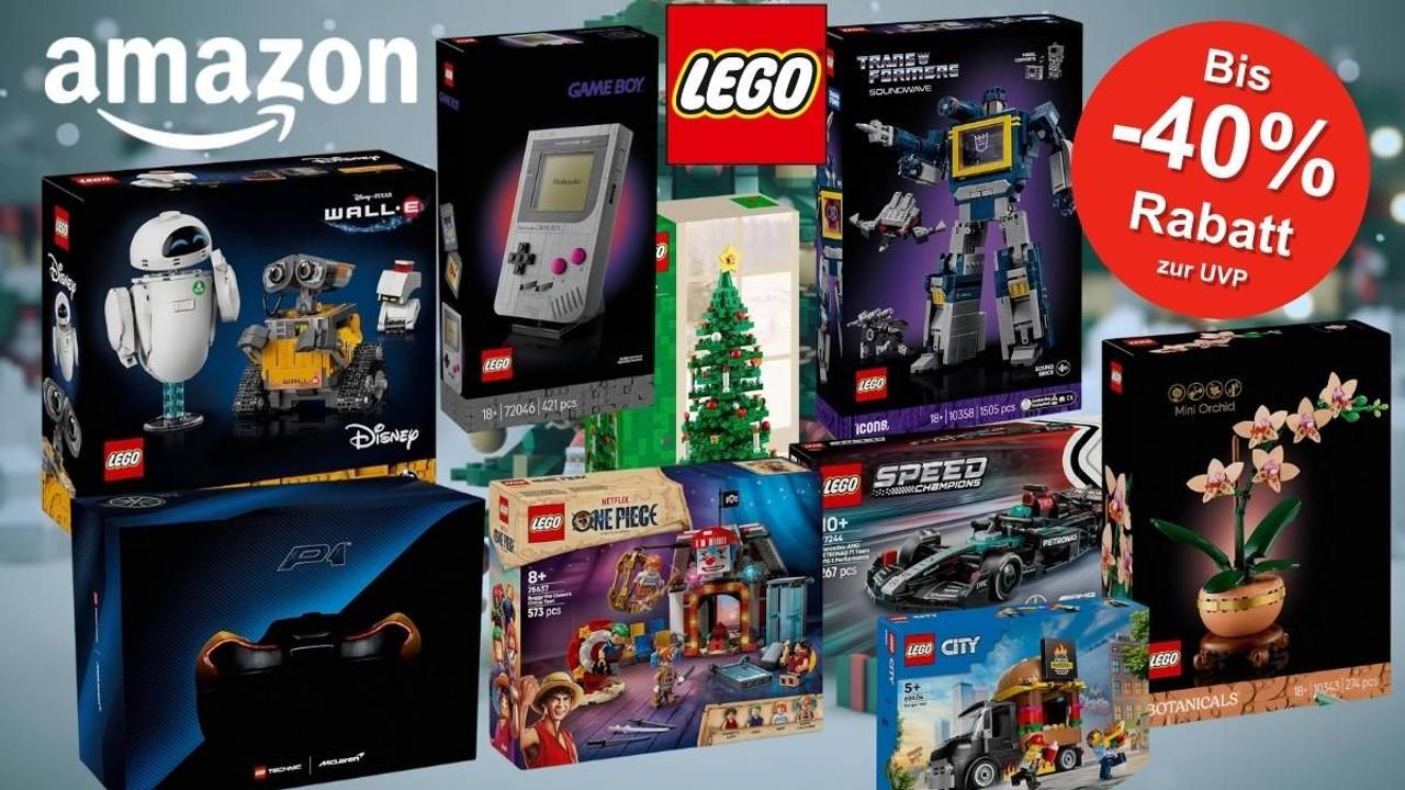 Lego Sets von Technic, Disney, Icons Transformers, Botanical Collection, One Piece, Speed Champions vor einem Hintergrund mit Weihnachtsbaum aus Klemmbausteinen.