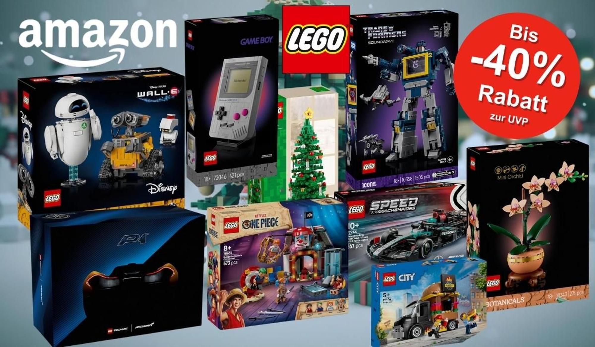 Lego Sets von Technic, Disney, Icons Transformers, Botanical Collection, One Piece, Speed Champions vor einem Hintergrund mit Weihnachtsbaum aus Klemmbausteinen.