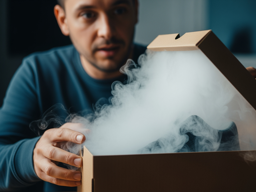 Ein Mann der einen Schuhkarton öffnet.