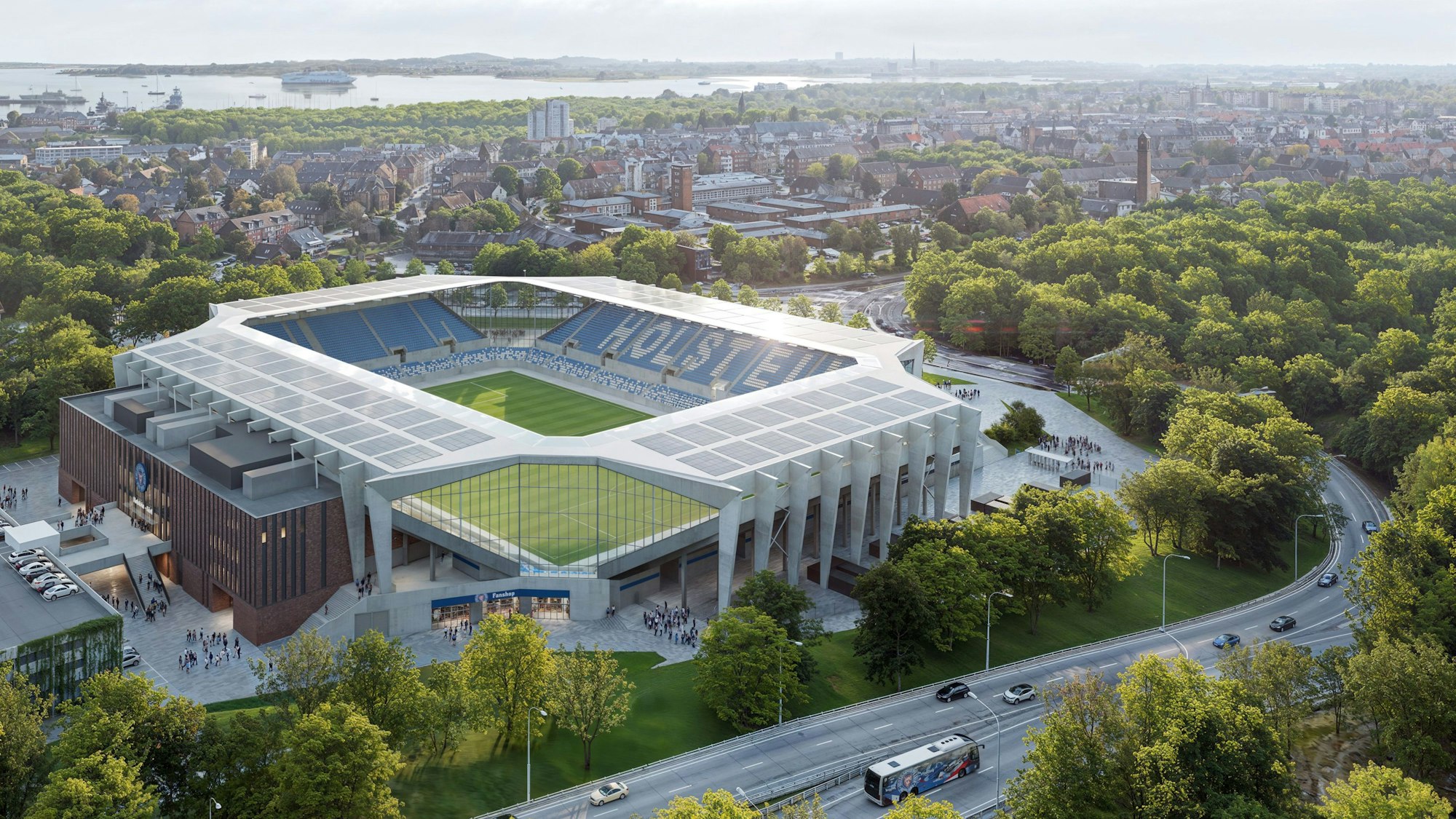 Dieses Foto zeigt eine Illustration des geplanten neuen Holstein-Stadions. Die Stadt Kiel stellte die Entwürfe für den Umbau des Fußballstadions vor.