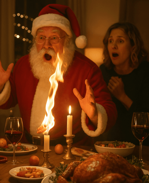 Bei einer Feier am Weihnachtsabend, alles ist festlich geschmückt und der Tannenbaum leuchtet, passiert ein Missgeschick. Der Oma fällt das Gebiss in den Topf und der als Weihnachtsmann verkleidete Onkel zündet aus Versehen an einer Kerze seinen Bart an.
