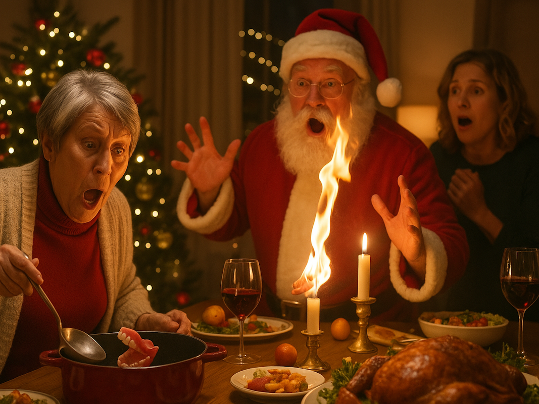 Bei einer Feier am Weihnachtsabend, alles ist festlich geschmückt und der Tannenbaum leuchtet, passiert ein Missgeschick. Der Oma fällt das Gebiss in den Topf und der als Weihnachtsmann verkleidete Onkel zündet aus Versehen an einer Kerze seinen Bart an.