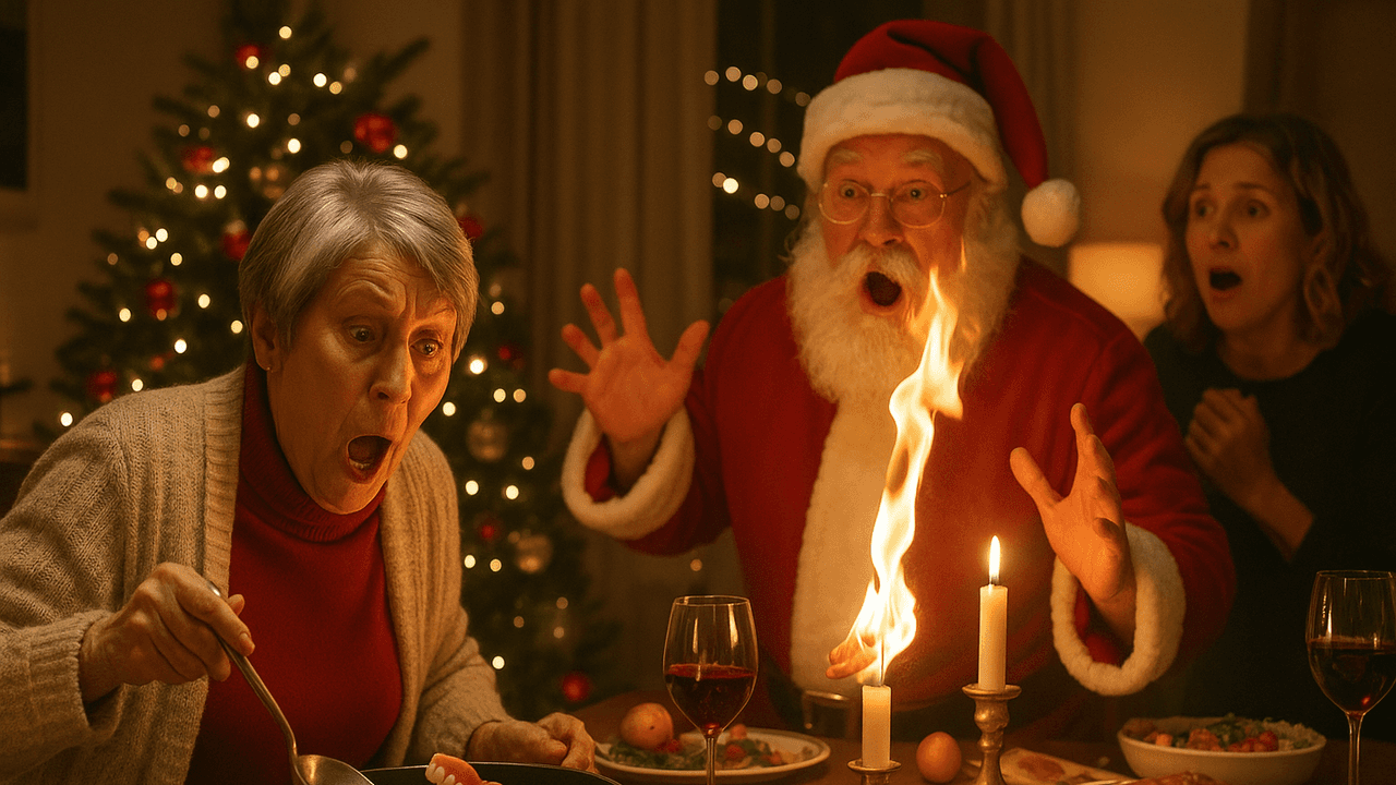 Bei einer Feier am Weihnachtsabend, alles ist festlich geschmückt und der Tannenbaum leuchtet, passiert ein Missgeschick. Der Oma fällt das Gebiss in den Topf und der als Weihnachtsmann verkleidete Onkel zündet aus Versehen an einer Kerze seinen Bart an.