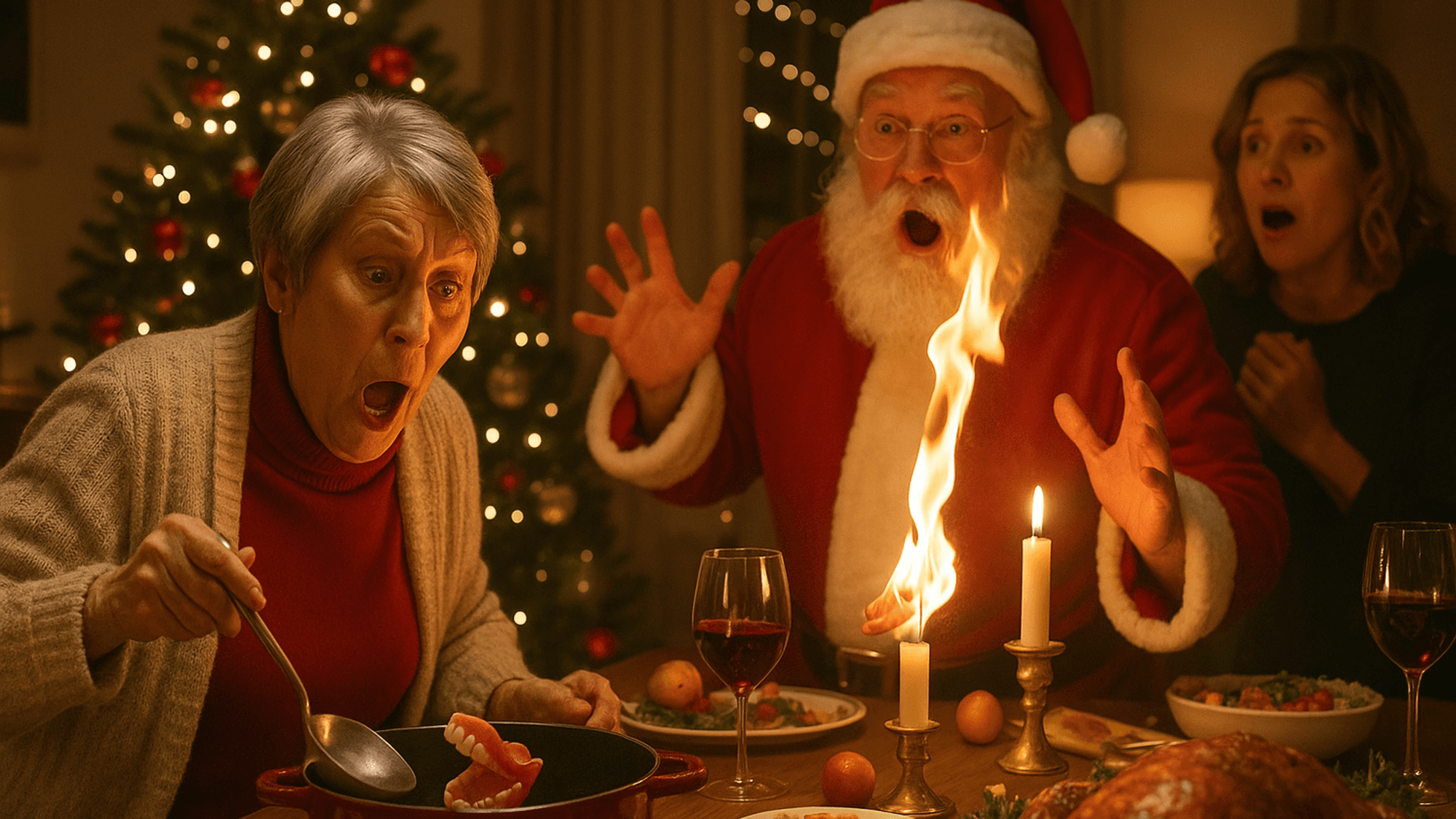 Bei einer Feier am Weihnachtsabend, alles ist festlich geschmückt und der Tannenbaum leuchtet, passiert ein Missgeschick. Der Oma fällt das Gebiss in den Topf und der als Weihnachtsmann verkleidete Onkel zündet aus Versehen an einer Kerze seinen Bart an.