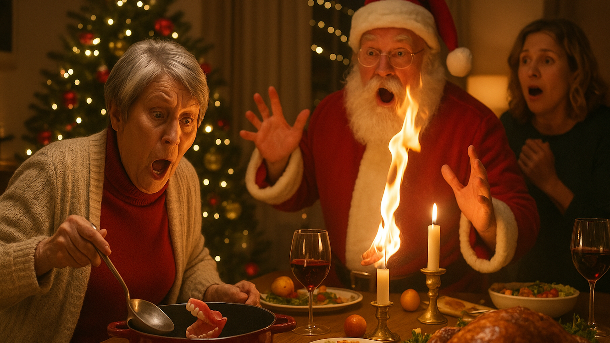 Bei einer Feier am Weihnachtsabend, alles ist festlich geschmückt und der Tannenbaum leuchtet, passiert ein Missgeschick. Der Oma fällt das Gebiss in den Topf und der als Weihnachtsmann verkleidete Onkel zündet aus Versehen an einer Kerze seinen Bart an.