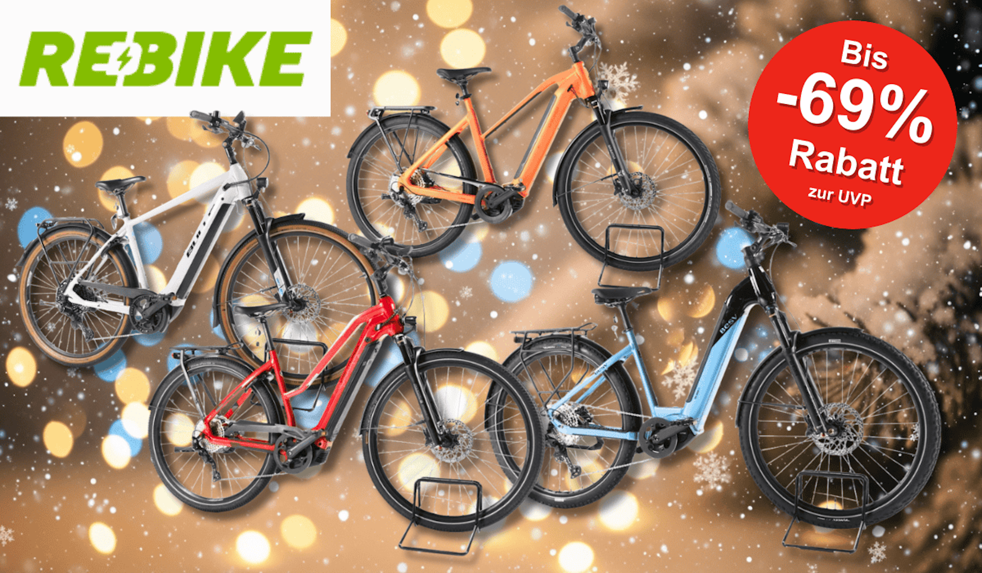 Verschiedene Refurbished Trekking-, City- und Mountain-E-Bikes mit Logo von Rebike.