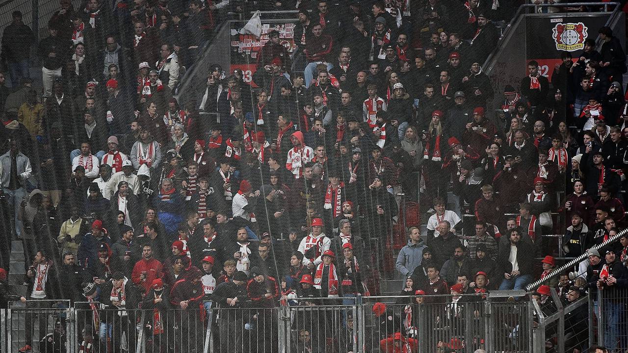 Ein Blick in den Gästeblock beim Spiel Bayer Leverkusen - 1. FC Köln.