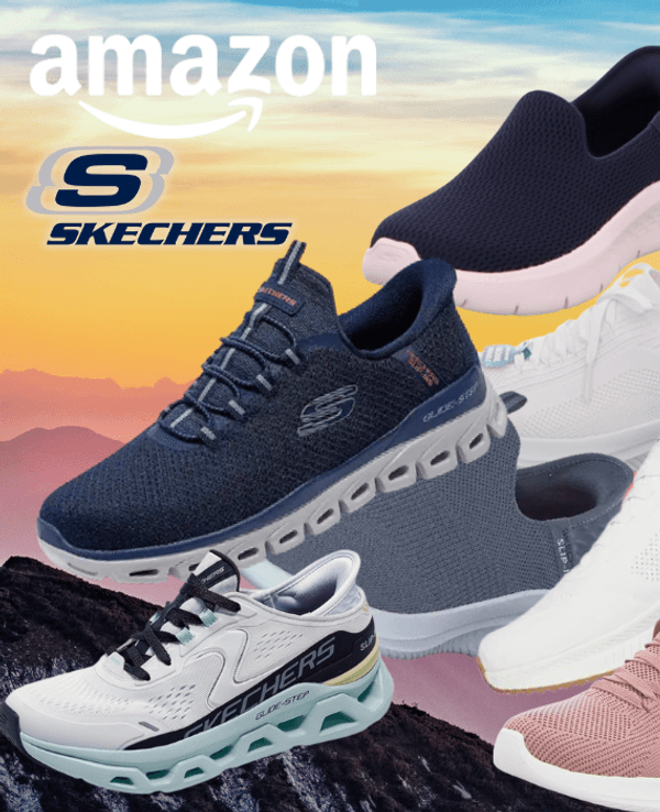 Verschiedene Modelle der Skechers Slip-Ins Sneaker vor einem bunten Hintergrund.