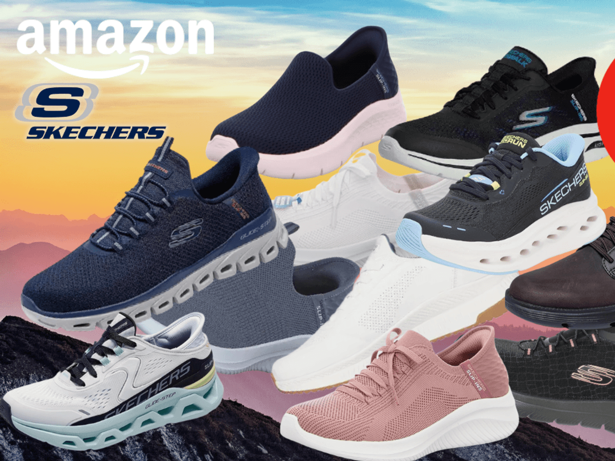 Verschiedene Modelle der Skechers Slip-Ins Sneaker vor einem bunten Hintergrund.